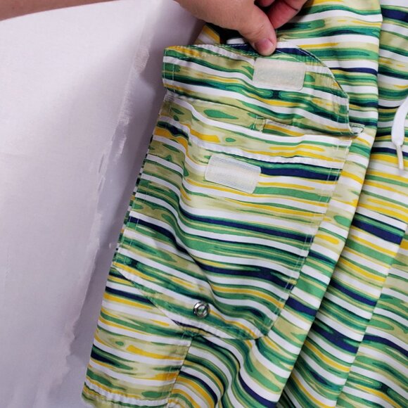Izod Board Shorts Yellow Green Blue Stripe 3 Pockets Swim Trunks Mesh Men Sz M - Picture 7 of 10